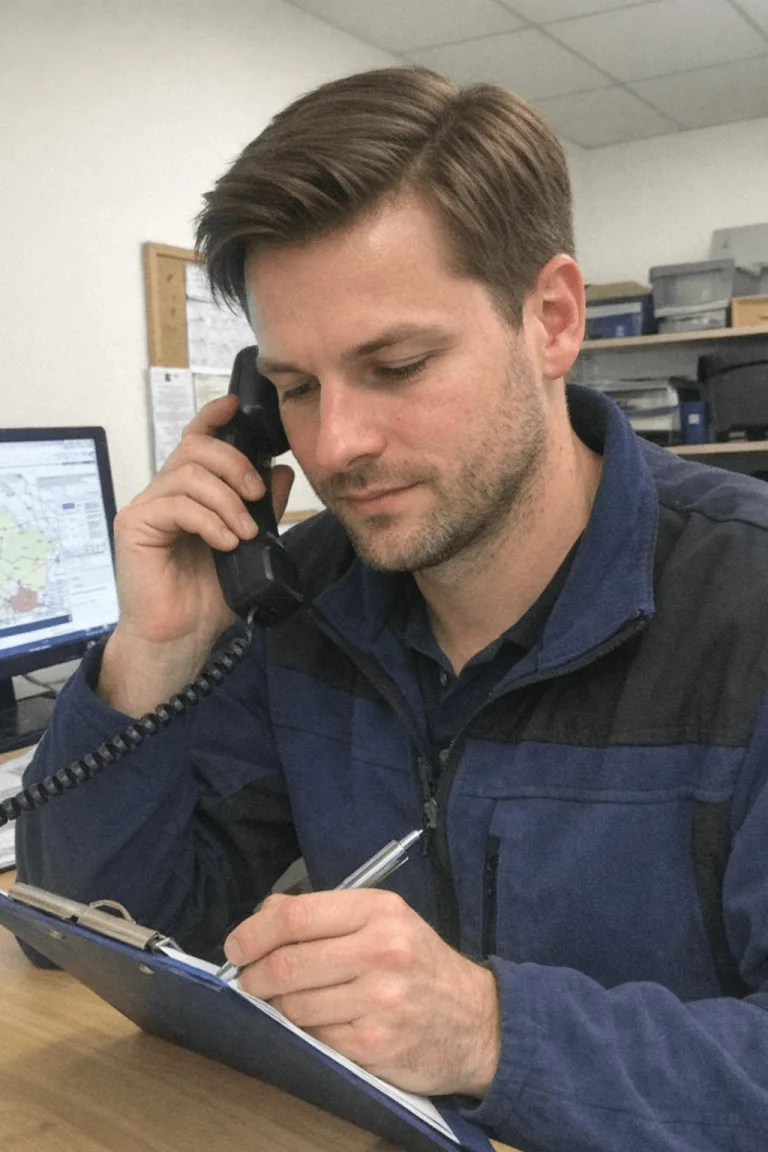 Mitarbeiter am Telefon bespricht den Einsatzablauf mit dem Kunden